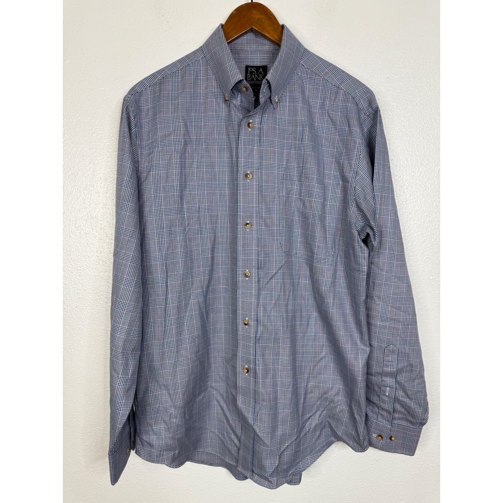 Jos A Bank Travelers Collection Mens Tailored Fit Blue Plaid Button Down Shirt M